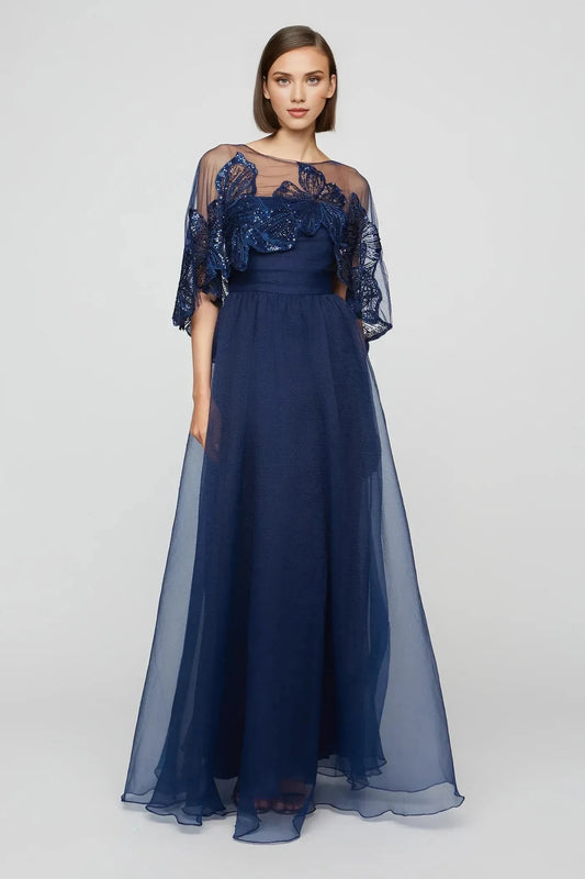 Elegant A Line Illusion Neck Embroidered Sleeve Keyhole Back Floor Length Prom Dress by YiHuiw