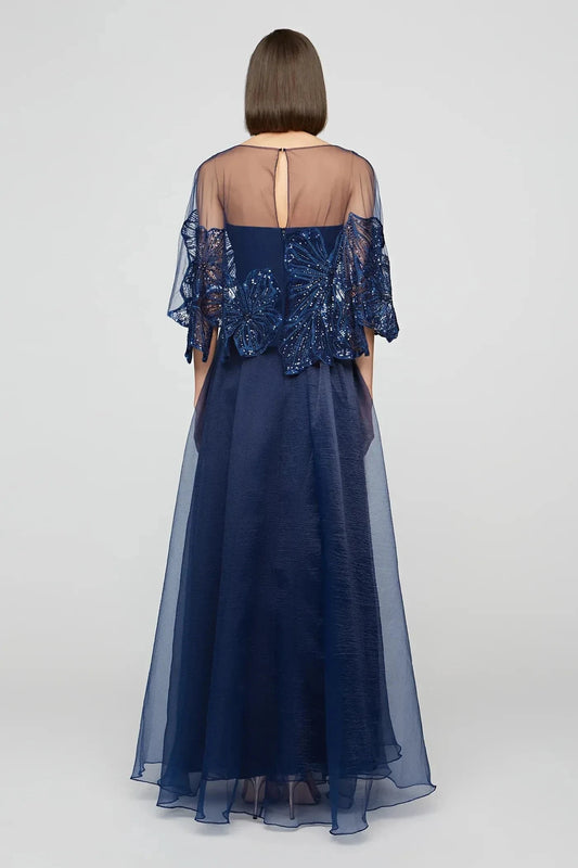 Elegant A Line Illusion Neck Embroidered Sleeve Keyhole Back Floor Length Prom Dress by YiHuiw