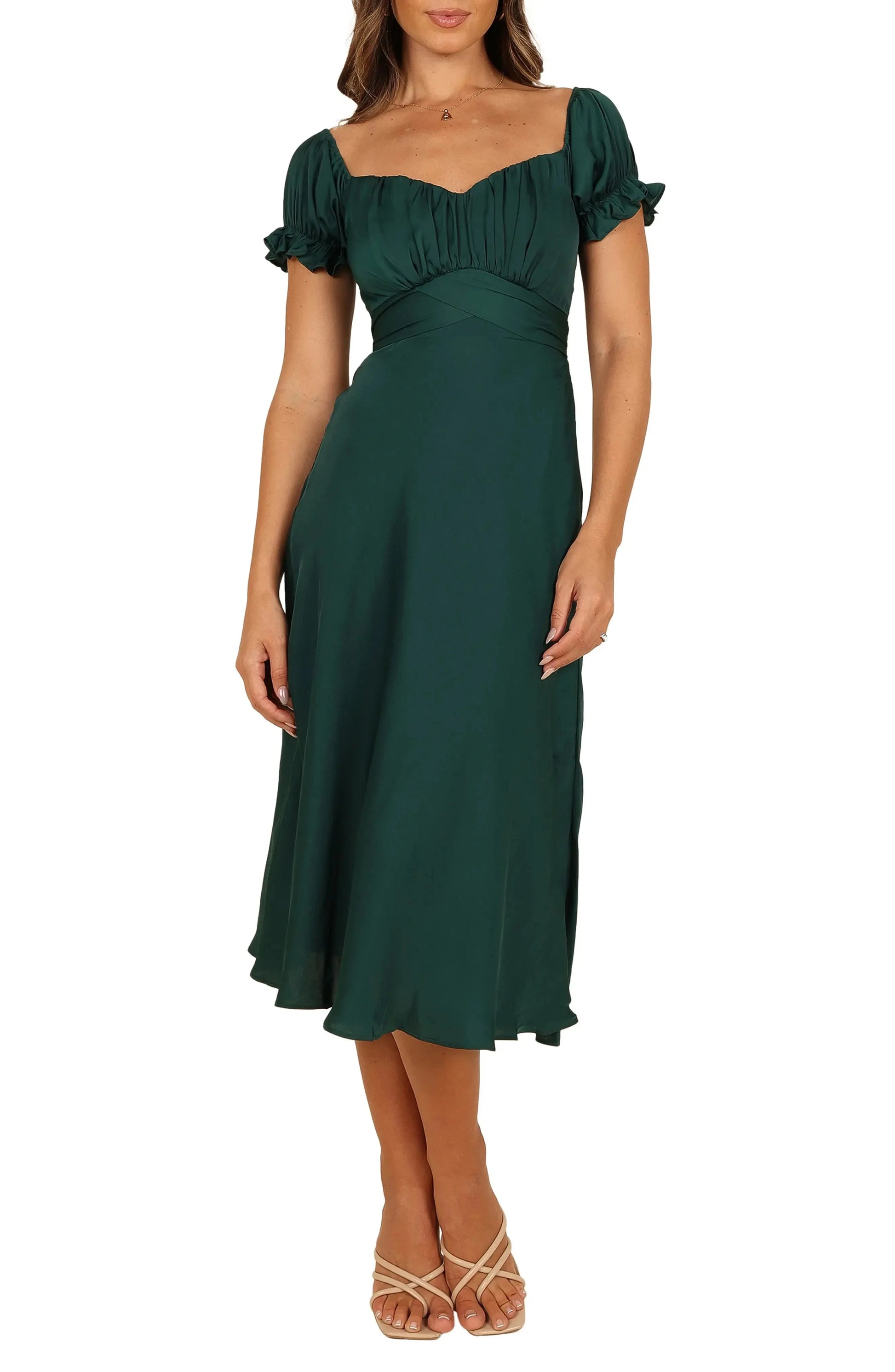 Elegant A Line Off Shoulder Ruffle Sleeve Back Tie Midi Evening Dress by YiHuiw