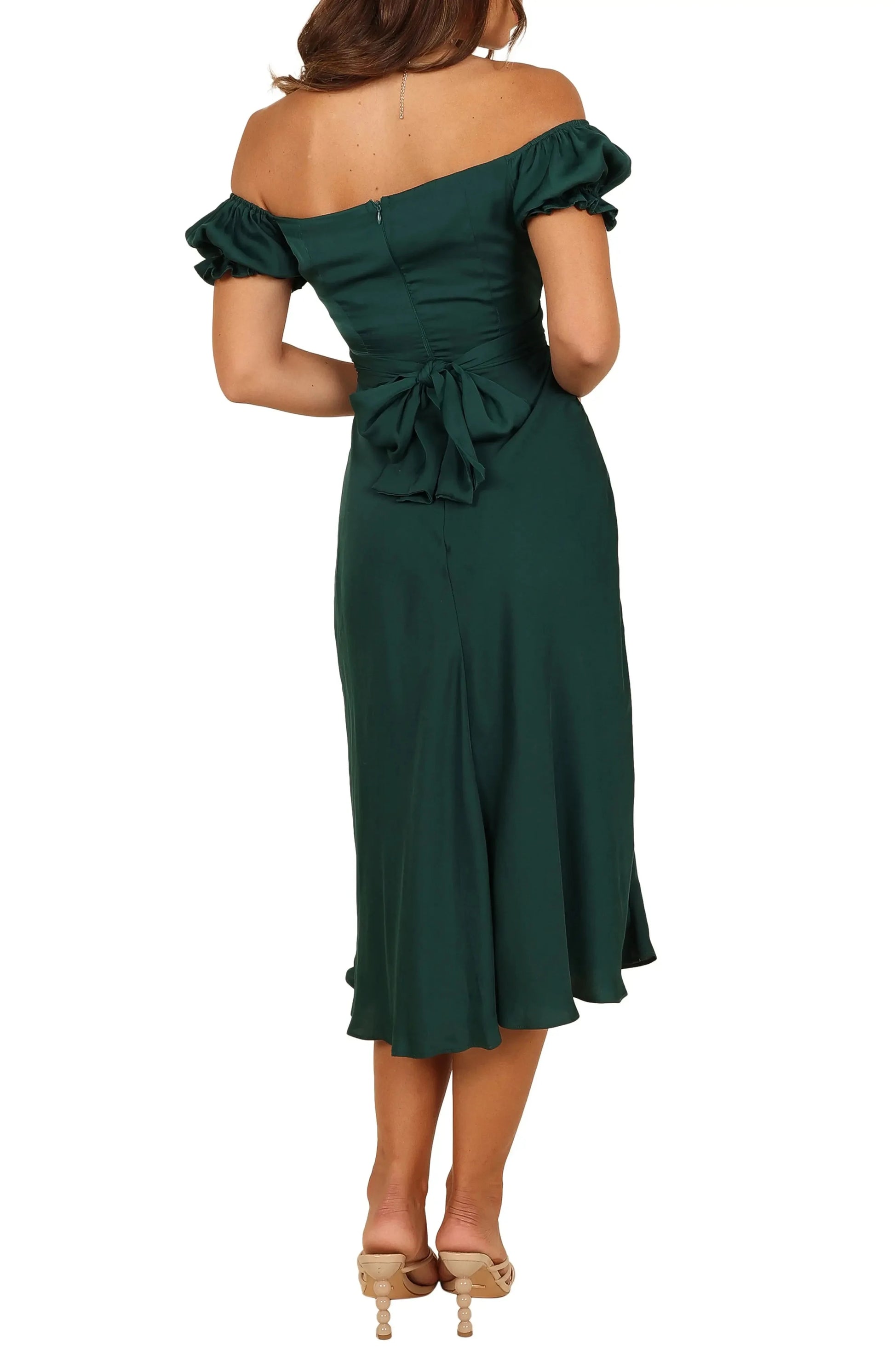 Elegant A Line Off Shoulder Ruffle Sleeve Back Tie Midi Evening Dress by YiHuiw
