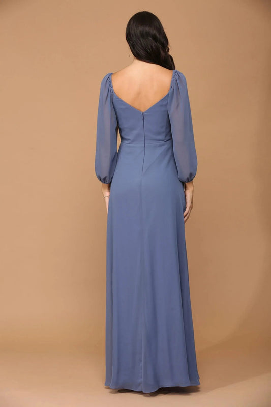 Elegant A-Line Square V Neck Puff Long Sleeve Zipper Back Floor Length Prom Dress by YiHuiw
