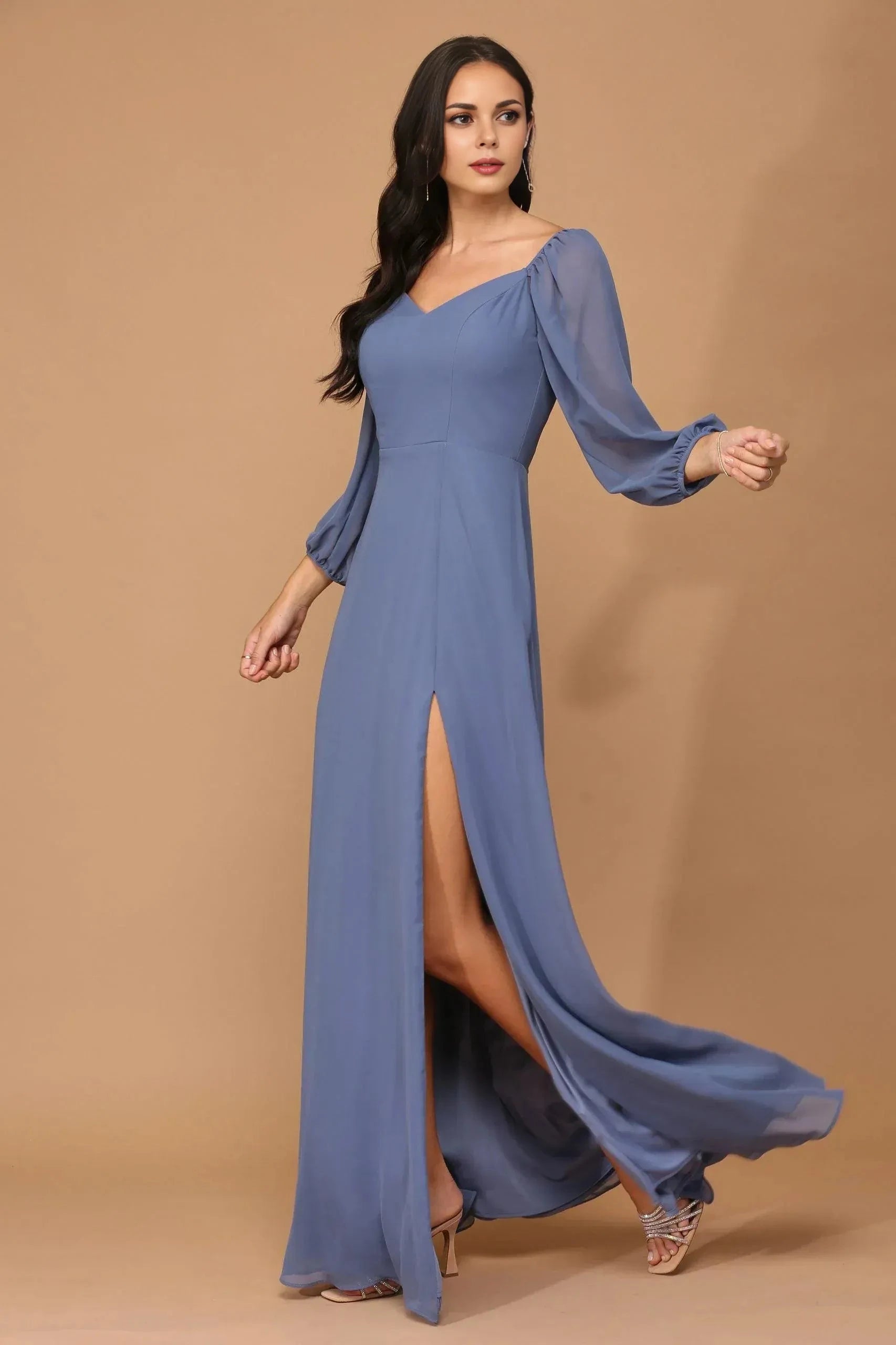 Elegant A-Line Square V Neck Puff Long Sleeve Zipper Back Floor Length Prom Dress by YiHuiw