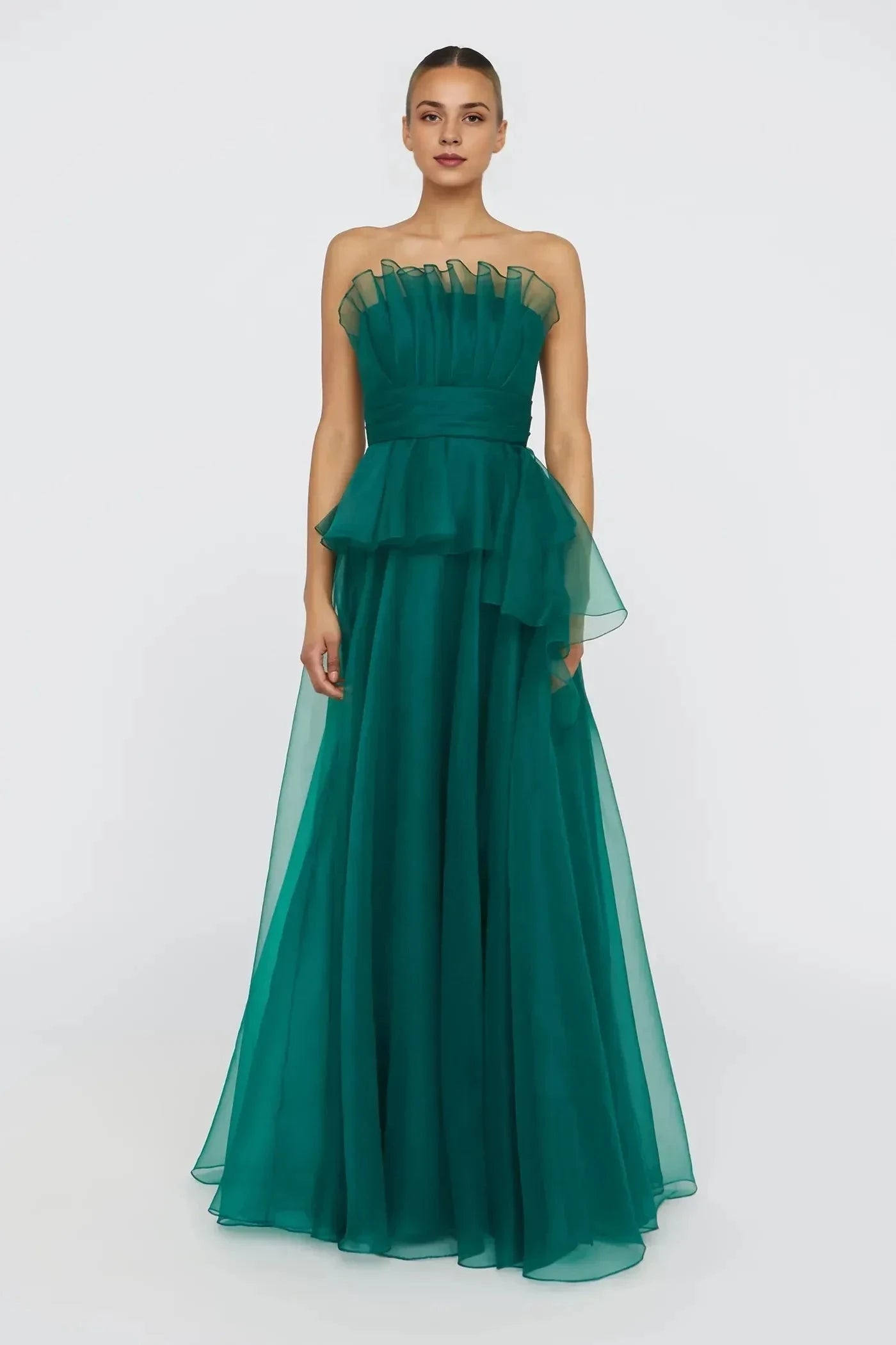 Elegant Ball Gown Strapless Sleeveless Ruffled Back Floor Length Prom Dress by YiHuiw