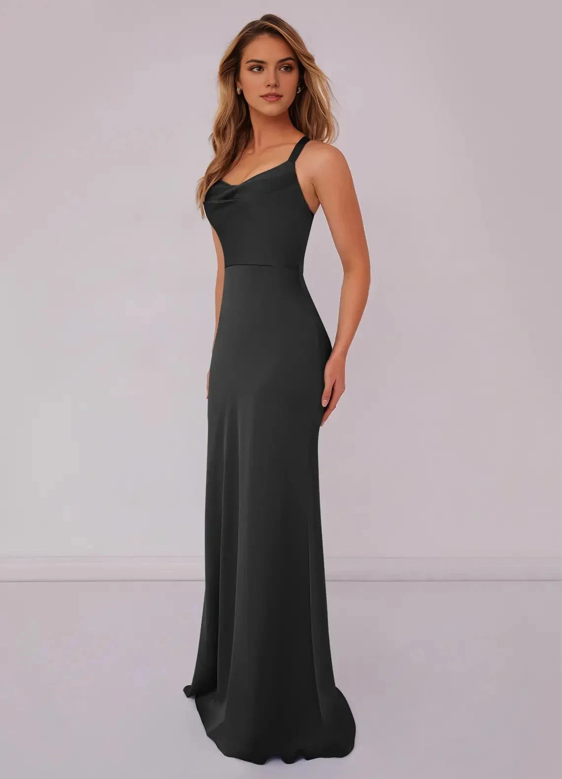 Elegant Black Asymmetrical Neckline Mermaid Evening Gown Mermaid Pleated Stretch Satin Dress Bridesmaid Dresses by YiHuiw