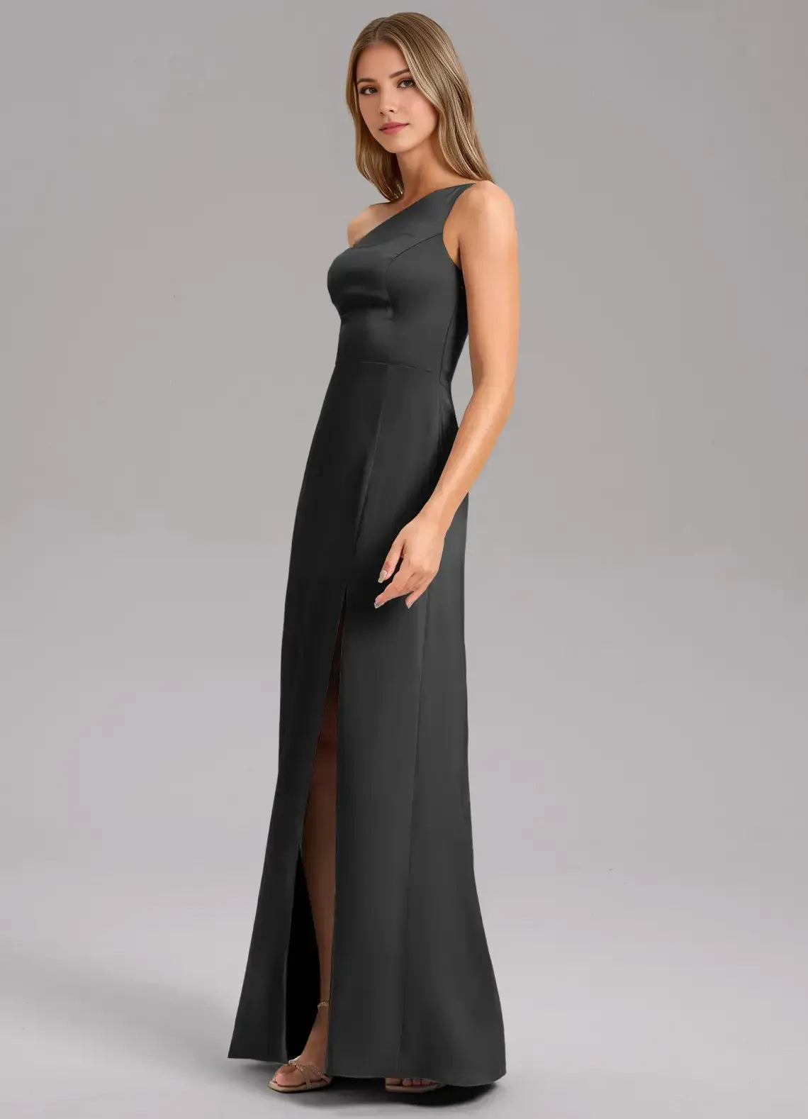 Black One-Shoulder Satin High Slit Floor-Length Wedding Dress - Yihuiw by Yihuiw