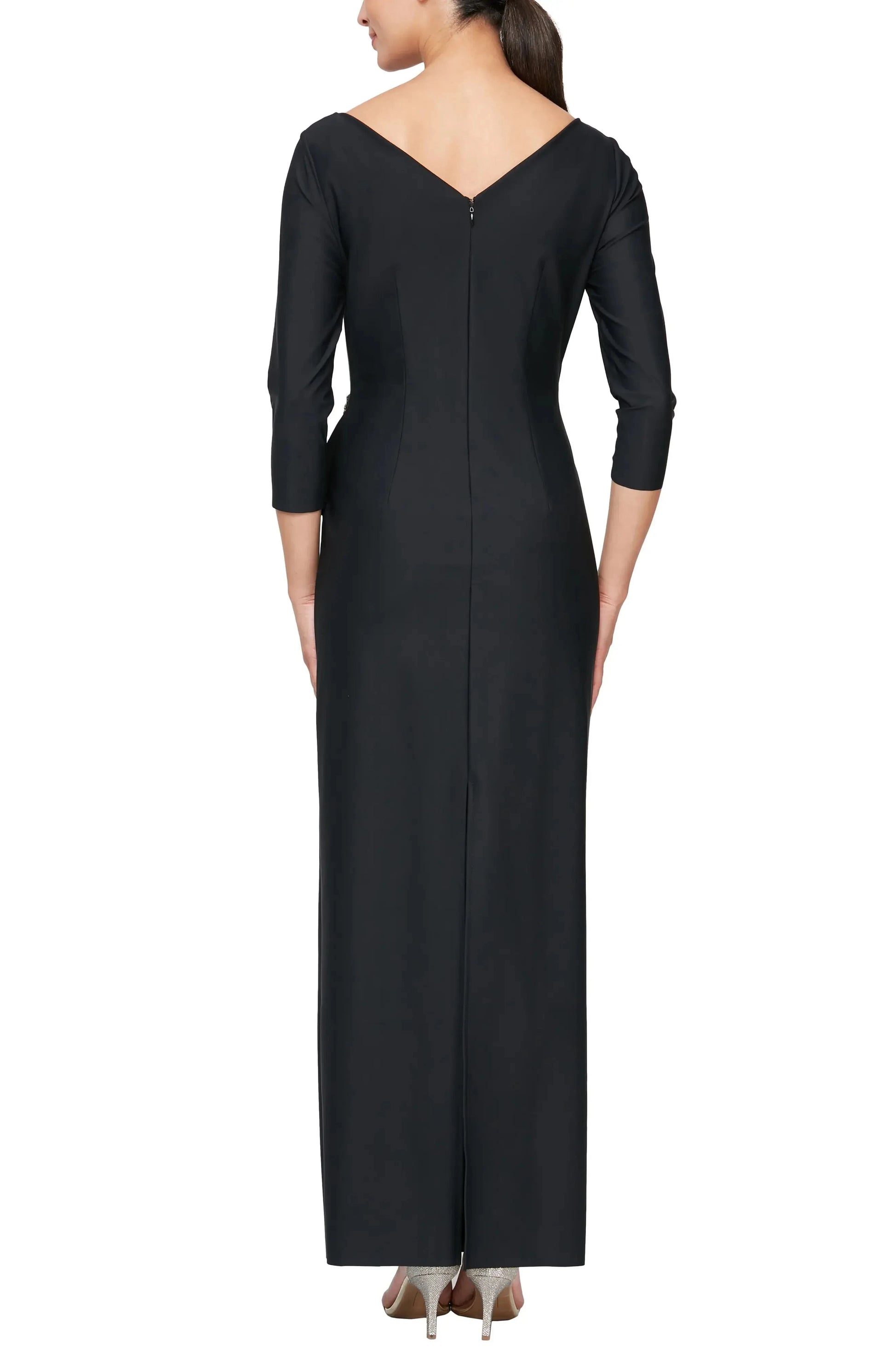 Elegant Draped Sheath V Neck Three Quarter Sleeve Zipper Back Floor Length Female Prom Dress by YiHuiw