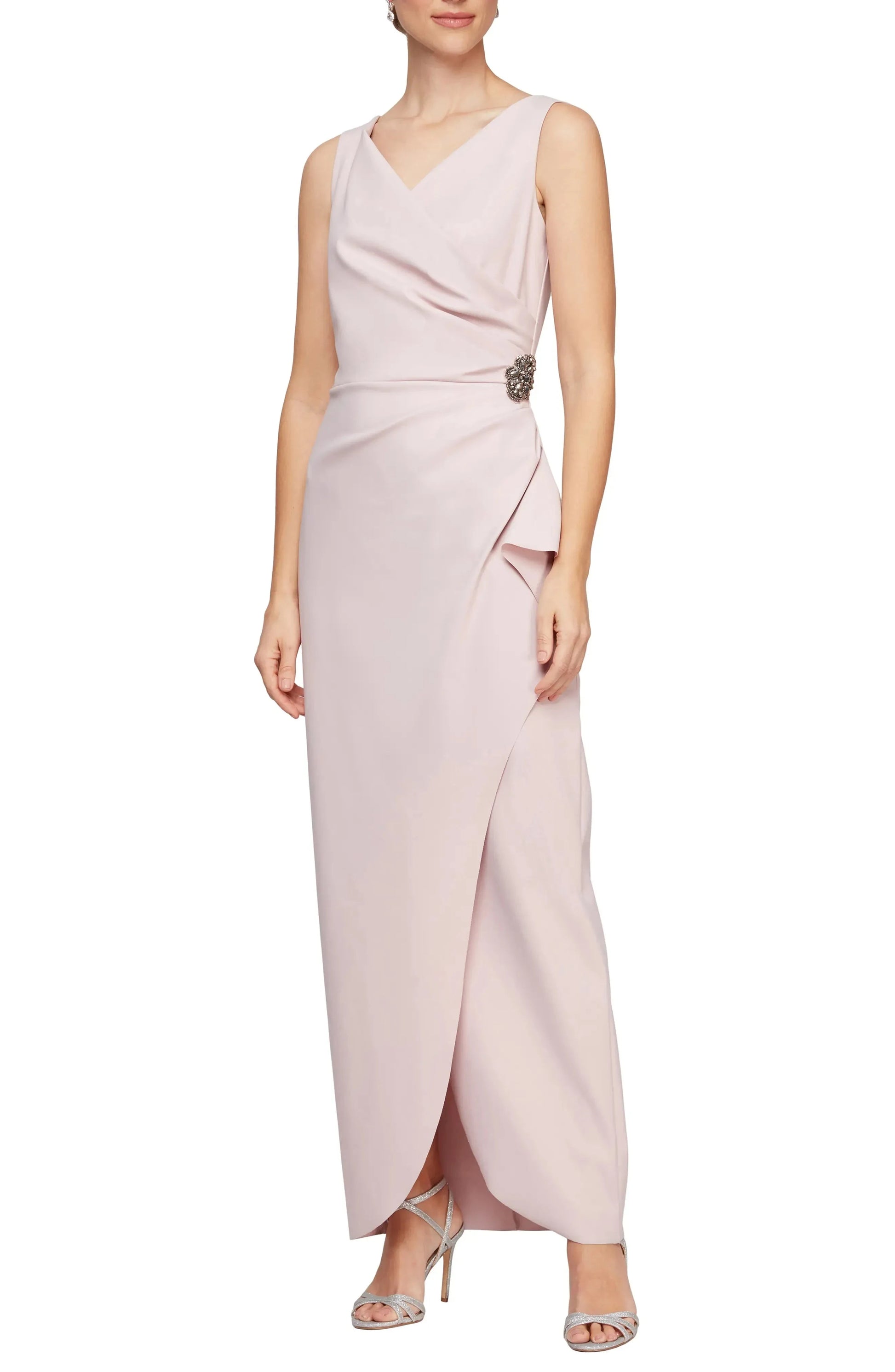 Elegant Draped V Neck Sleeveless Beaded Accent Zipper Back Floor Length Hot Sale Prom Dress by YiHuiw