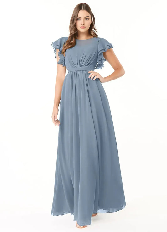 Blue A-Line Ruffled Floor-Length Wedding Dress - Yihuiw by Yihuiw