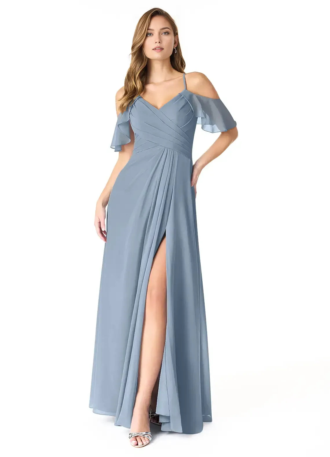 Blue A-Line V-Neck High Slit Floor-Length Wedding Dress - Yihuiw by Yihuiw