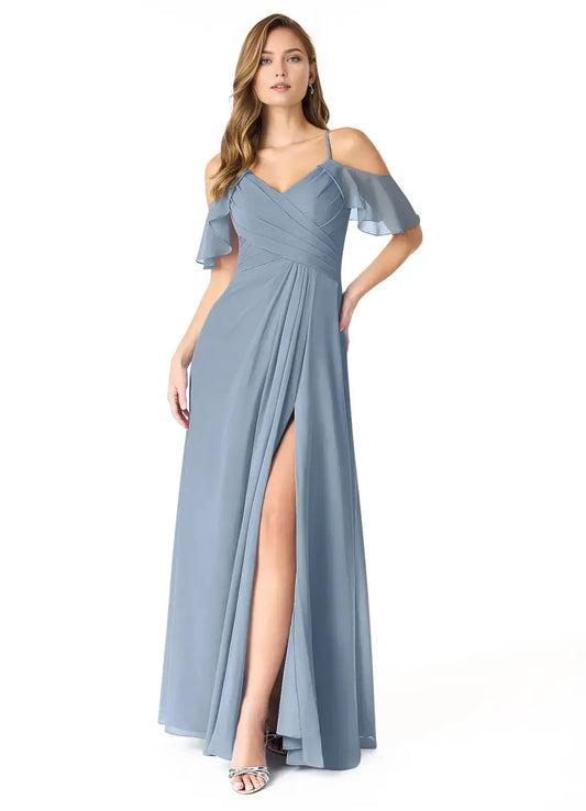 Blue A-Line V-Neck High Slit Floor-Length Wedding Dress - Yihuiw by Yihuiw