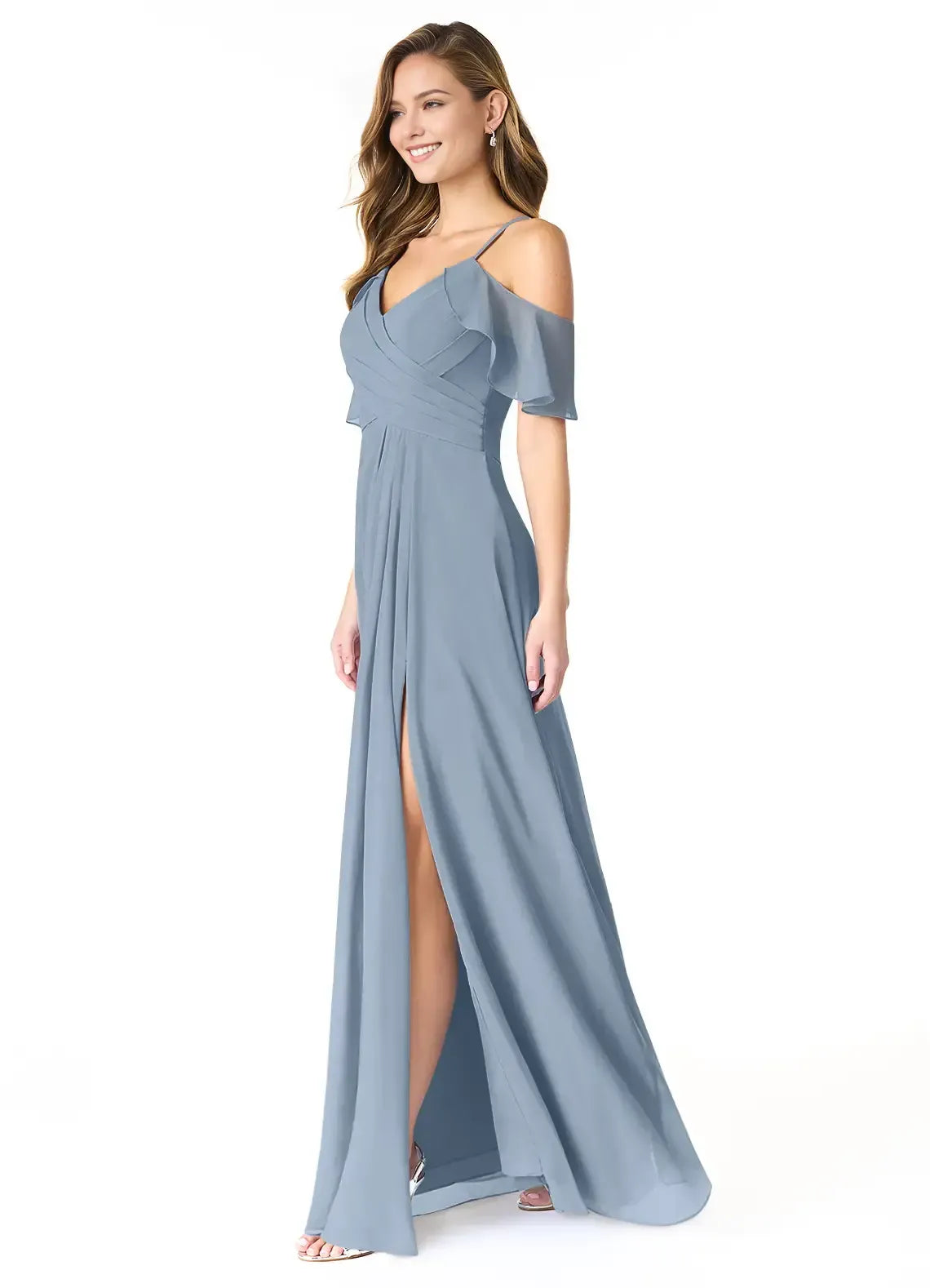 Blue A-Line V-Neck High Slit Floor-Length Wedding Dress - Yihuiw by Yihuiw