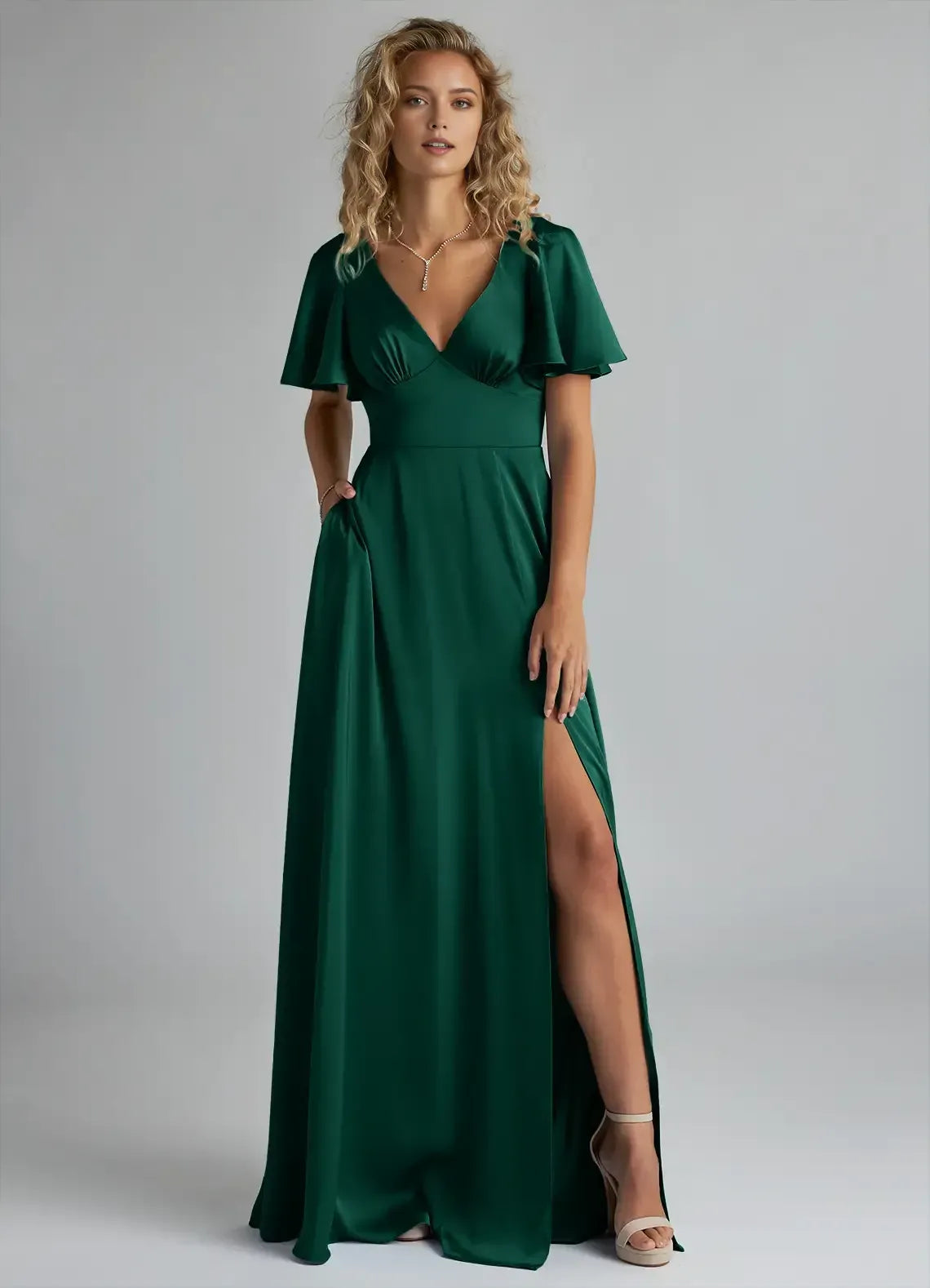 Green A-Line V-Neck High Slit Floor-Length Wedding Dress - Yihuiw by Yihuiw