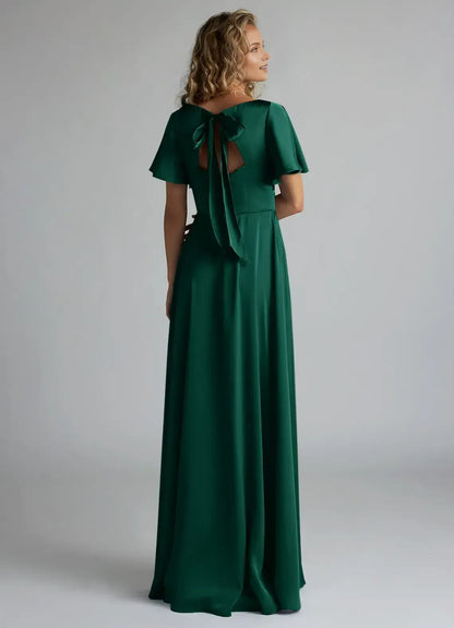 Green A-Line V-Neck High Slit Floor-Length Wedding Dress - Yihuiw by Yihuiw