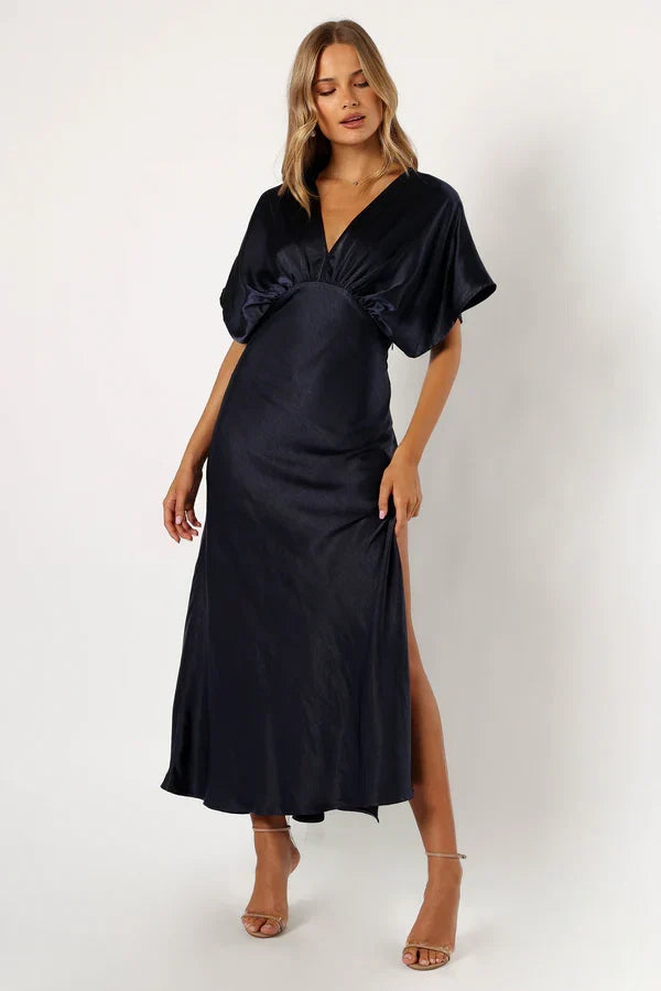 V-Neck Satin High Slit Floor-Length Wedding Dress - Yihuiw by Yihuiw