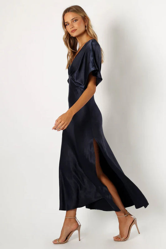 V-Neck Satin High Slit Floor-Length Wedding Dress - Yihuiw by Yihuiw
