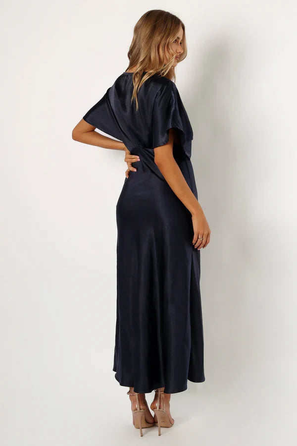 V-Neck Satin High Slit Floor-Length Wedding Dress - Yihuiw by Yihuiw