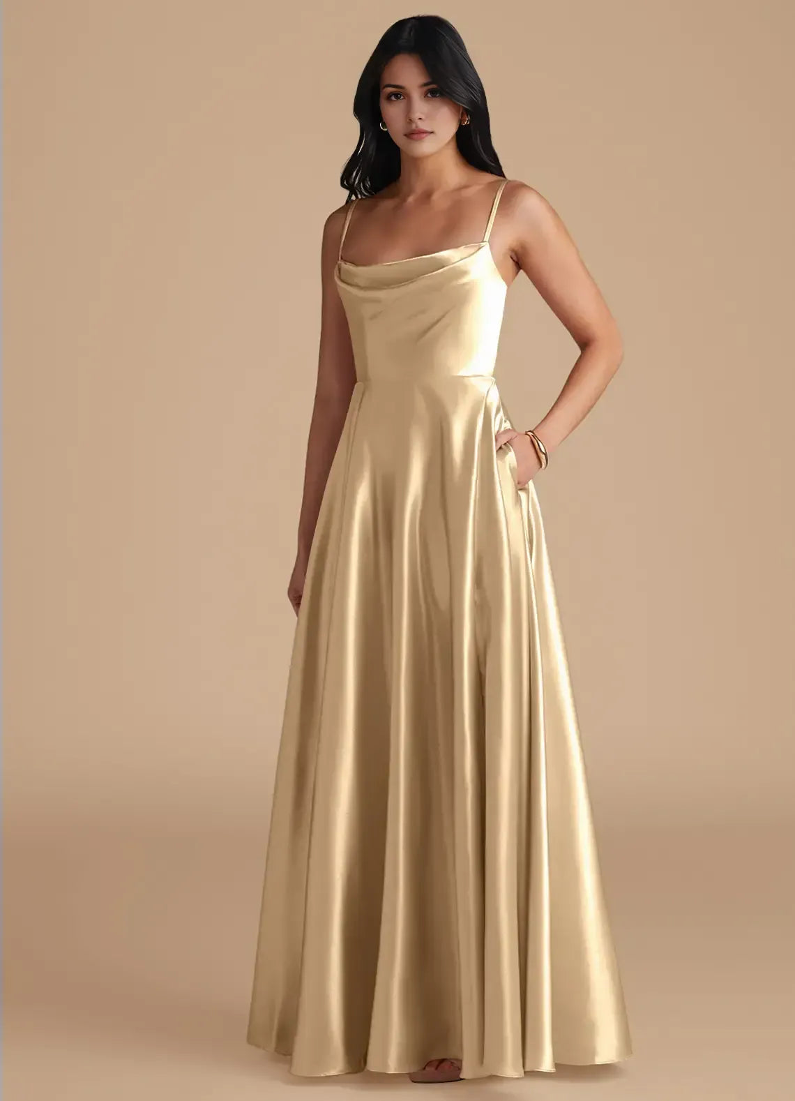 Gold A-Line Spaghetti Strap Floor-Length Wedding Dress - Yihuiw by Yihuiw