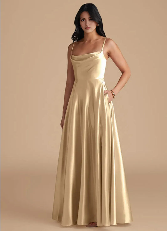 Gold A-Line Spaghetti Strap Floor-Length Wedding Dress - Yihuiw by Yihuiw