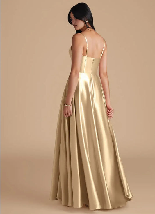 Gold A-Line Spaghetti Strap Floor-Length Wedding Dress - Yihuiw by Yihuiw