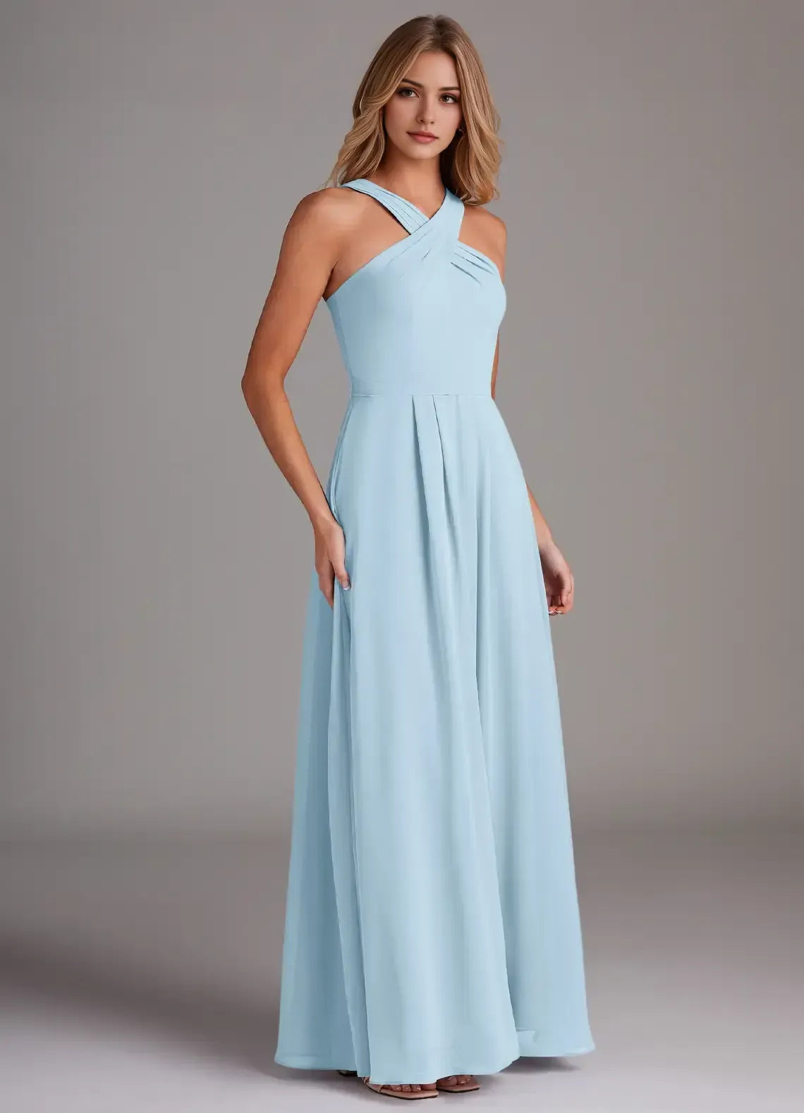 Light Blue A-Line Halter Sleeveless Floor-Length Wedding Dress - Yihuiw by Yihuiw