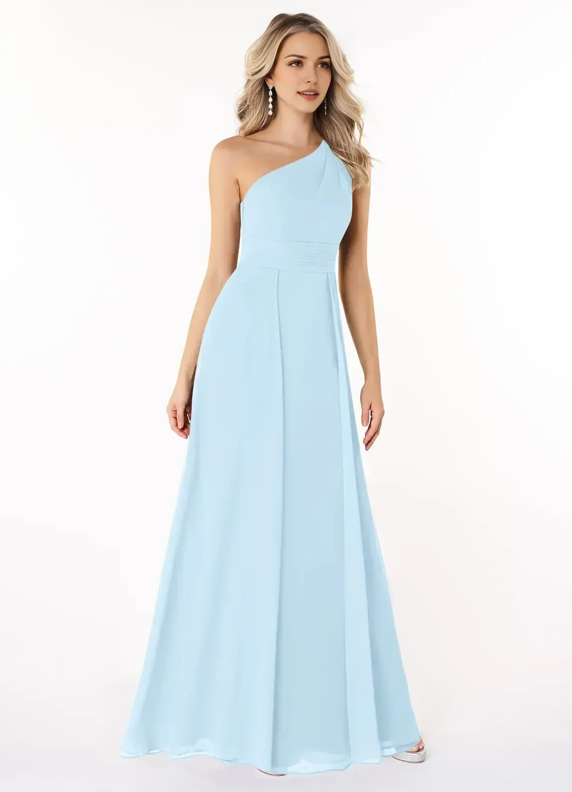 Light Blue A-Line One-Shoulder Sleeveless Floor-Length Wedding Dress - Yihuiw by Yihuiw