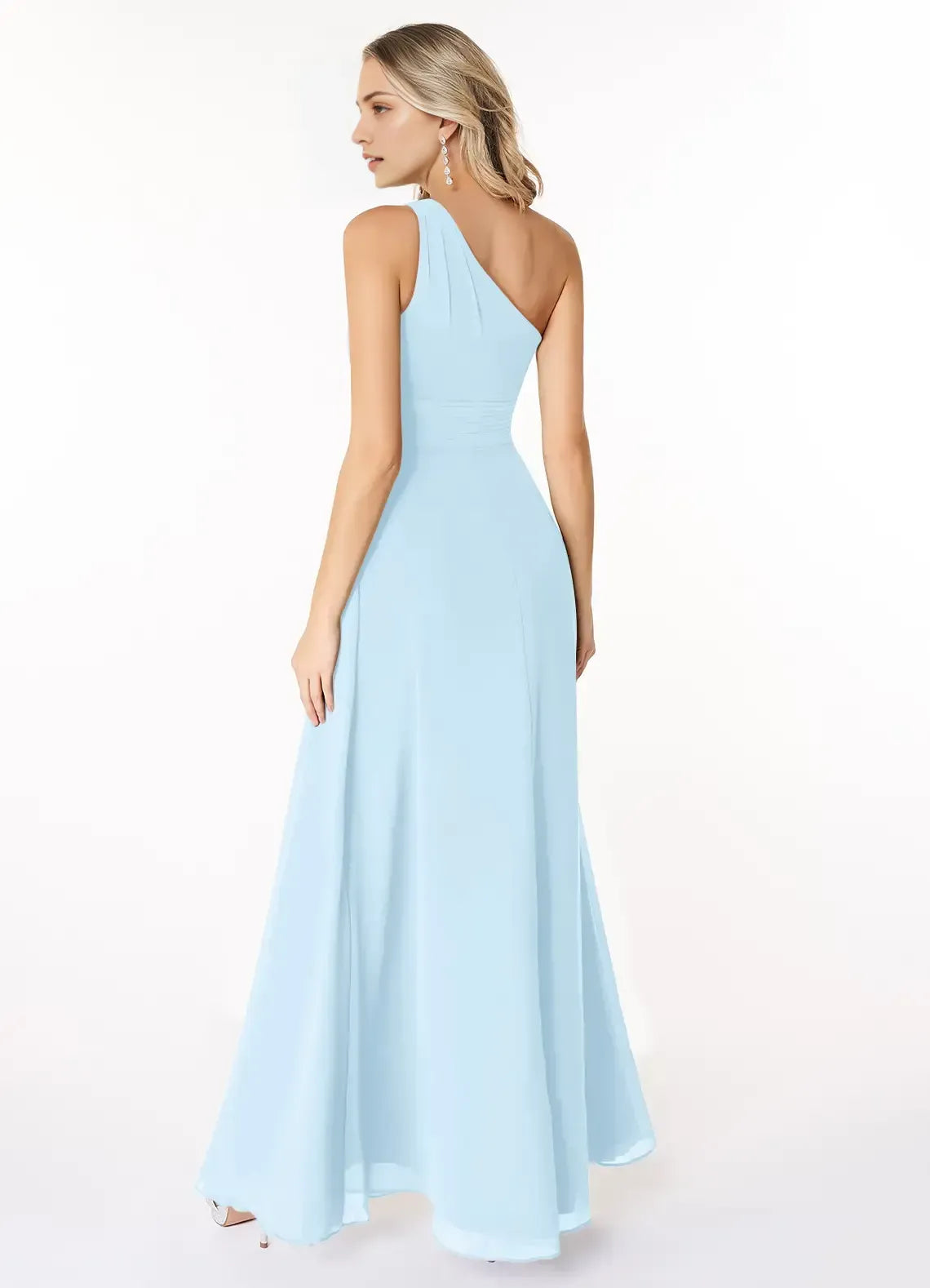 Light Blue A-Line One-Shoulder Sleeveless Floor-Length Wedding Dress - Yihuiw by Yihuiw