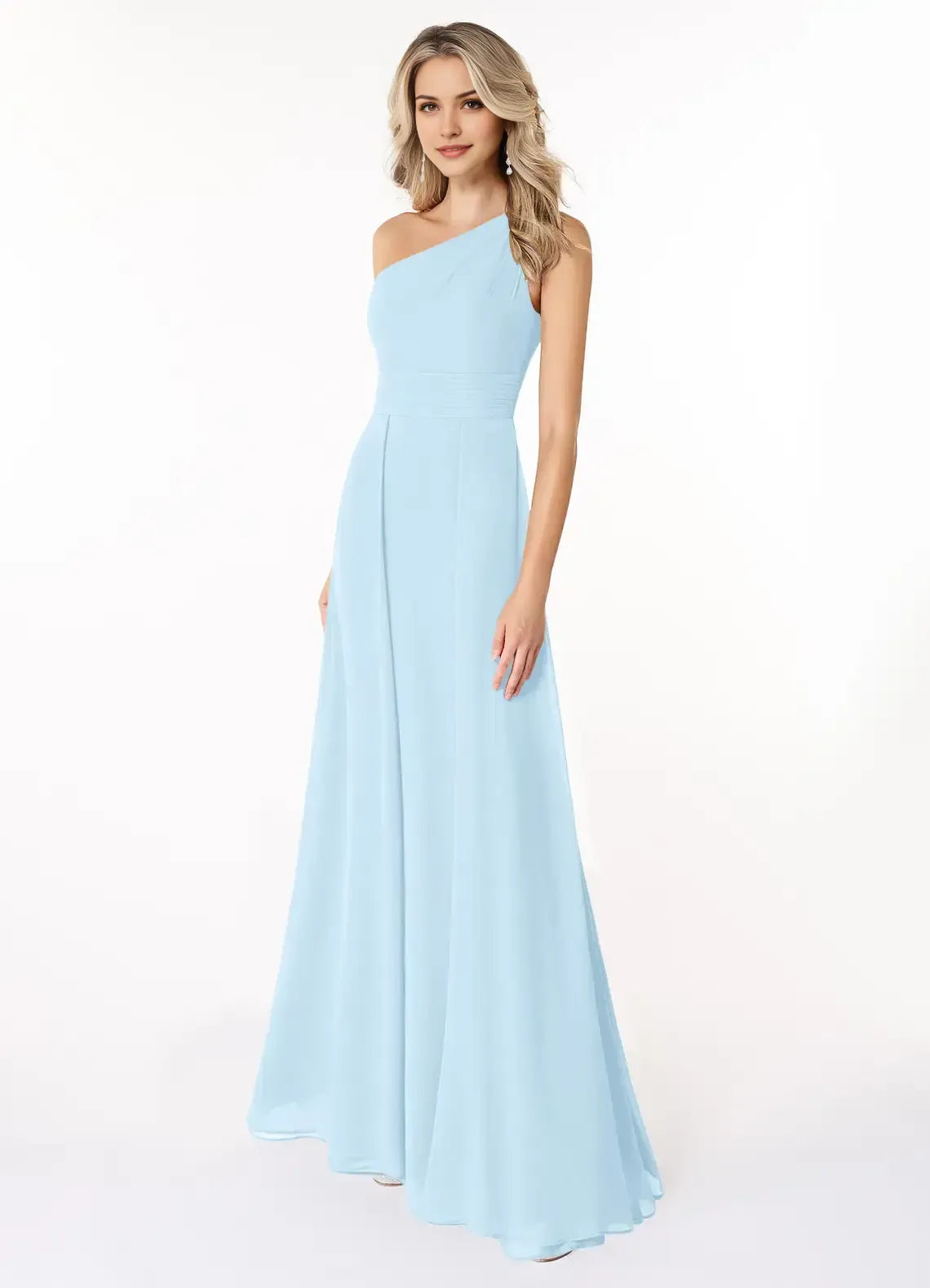 Light Blue A-Line One-Shoulder Sleeveless Floor-Length Wedding Dress - Yihuiw by Yihuiw