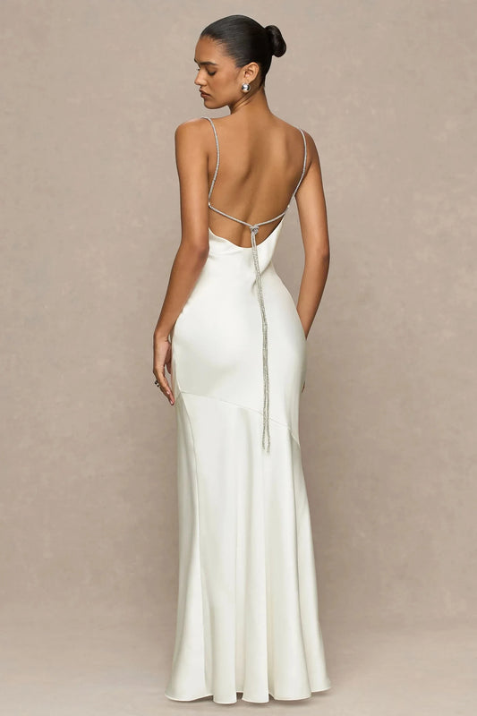 Elegant Mermaid Cowl Neck Sleeveless Crystal Strap Open Back Floor Length Prom Dress by YiHuiw