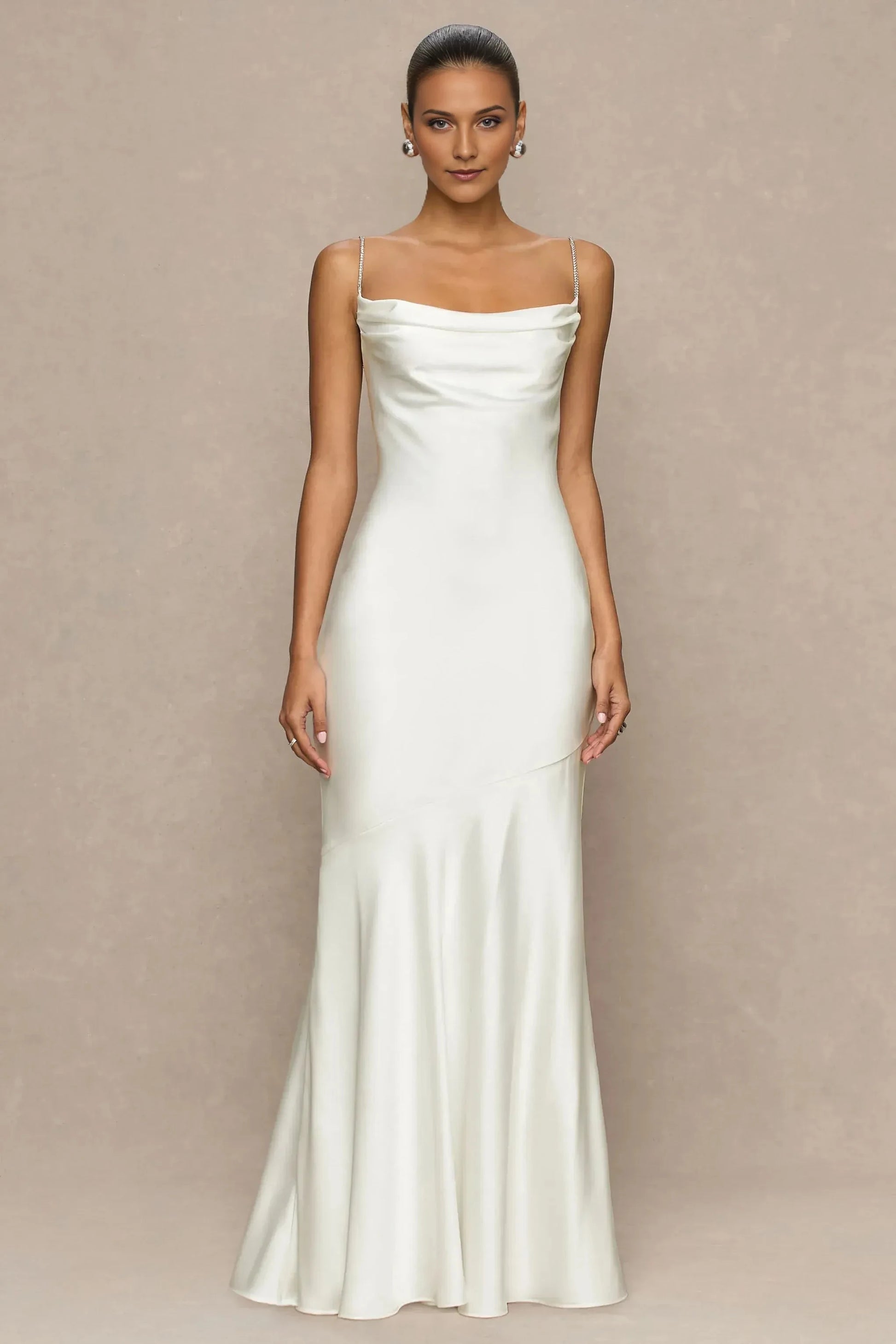 Elegant Mermaid Cowl Neck Sleeveless Crystal Strap Open Back Floor Length Prom Dress by YiHuiw