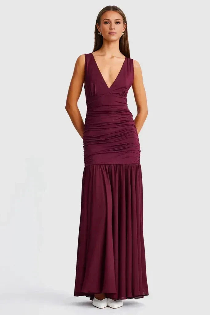Elegant Mermaid Deep V Sleeveless Ruched Back Floor Length For Women Prom Dress by YiHuiw
