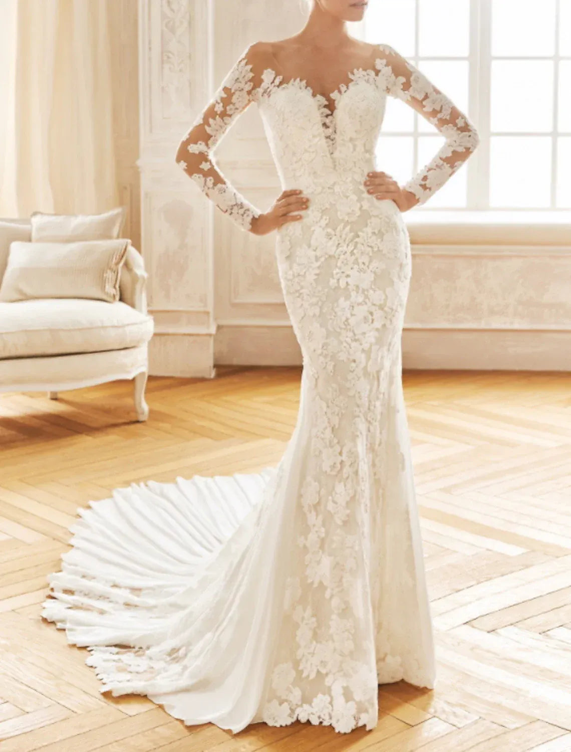 Mermaid Illusion Lace Button Back Train Wedding Dress - Yihuiw by Yihuiw
