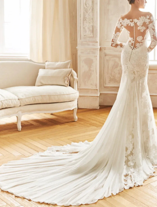Mermaid Illusion Lace Button Back Train Wedding Dress - Yihuiw by Yihuiw
