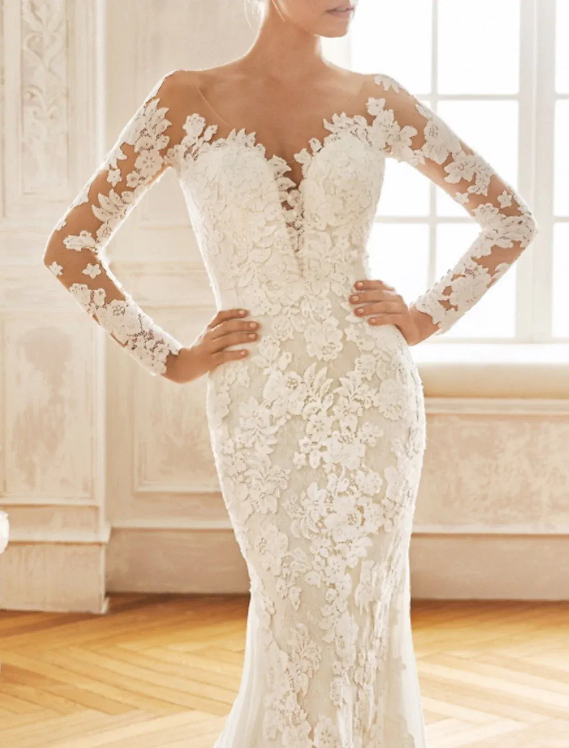 Mermaid Illusion Lace Button Back Train Wedding Dress - Yihuiw by Yihuiw