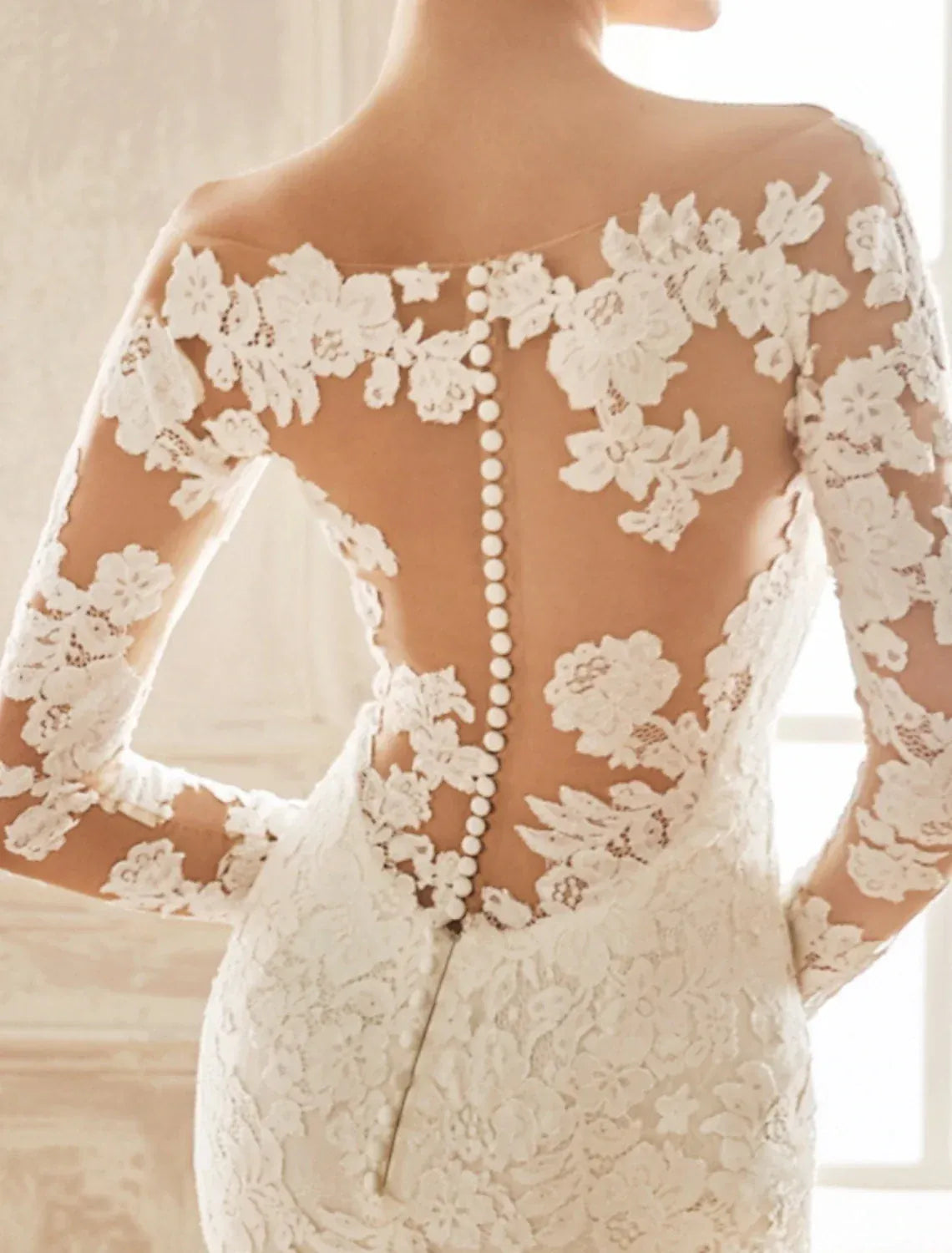 Mermaid Illusion Lace Button Back Train Wedding Dress - Yihuiw by Yihuiw