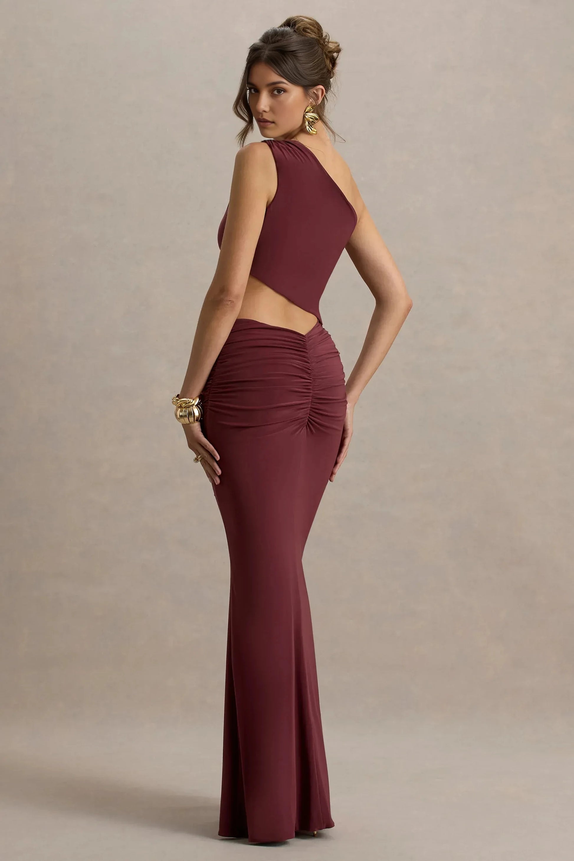 Elegant Mermaid One Shoulder Sleeveless Cutout Ruched Plus Size Floor Length Evening Dress by YiHuiw