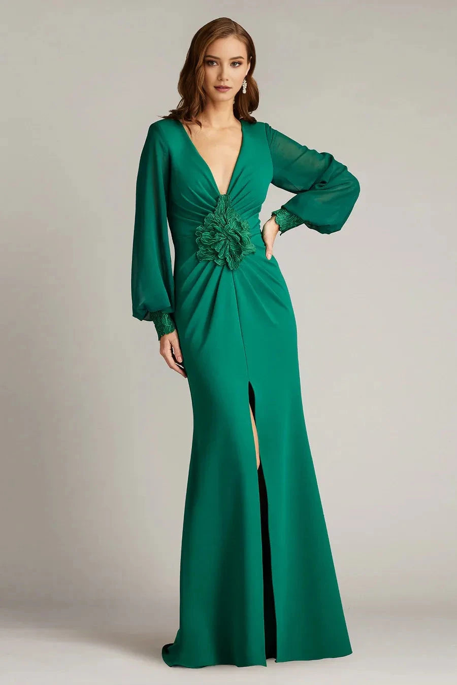 Elegant Mermaid Plunging V-Neck Puff Sleeve Solid Back Floor Length Hot Sale Prom Dress by YiHuiw