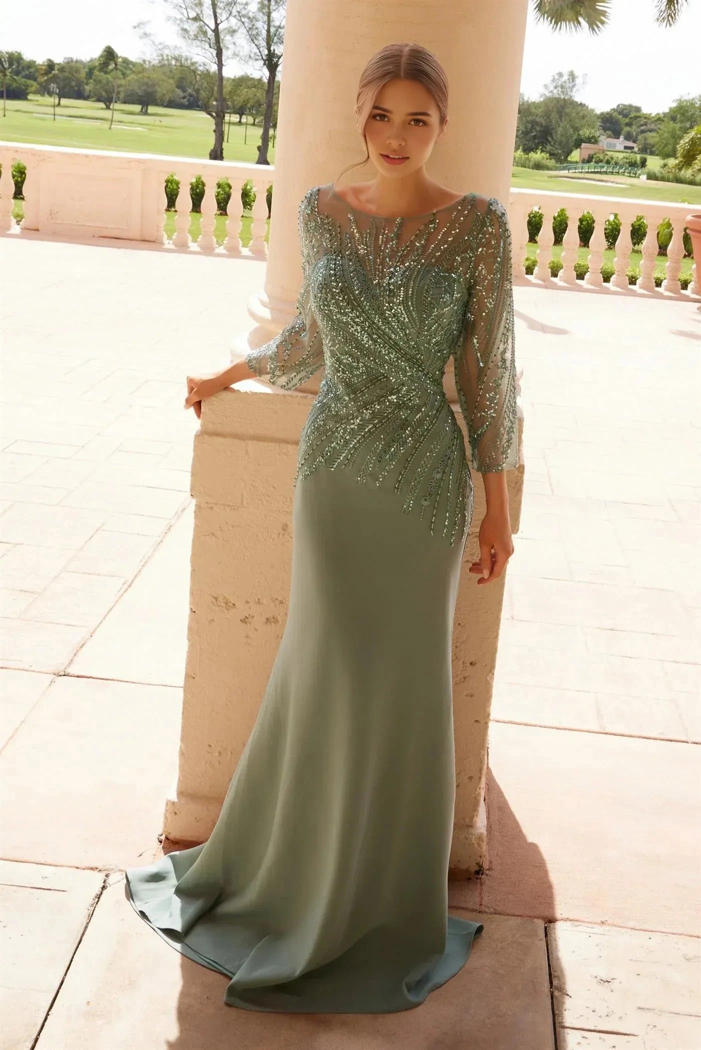 Elegant Mermaid Scoop Neck Three Quarter Sheer Sleeve Beaded Back Floor Length Prom Dress by YiHuiw