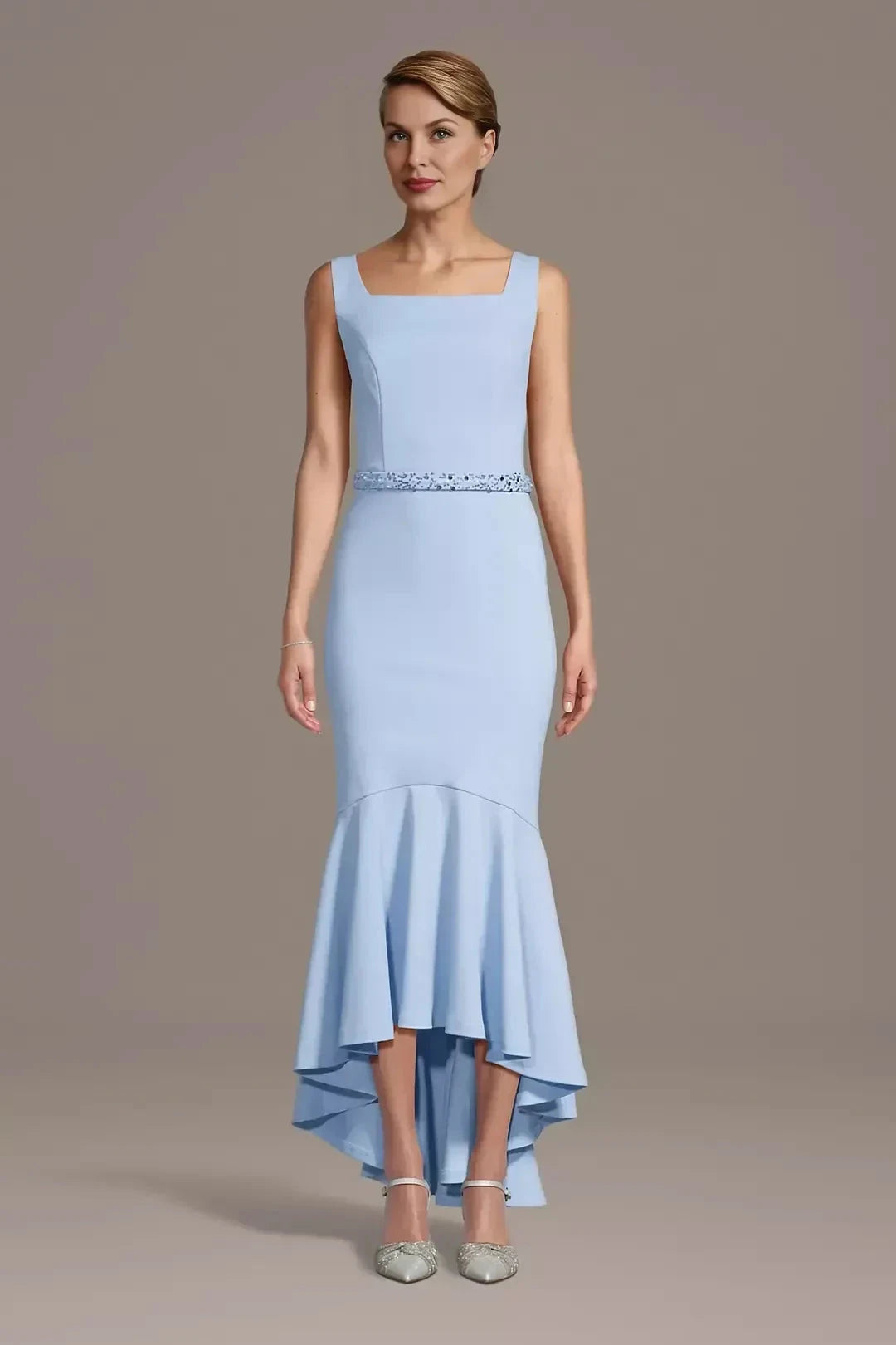 Elegant Mermaid Square Neck Sleeveless Beaded Back High Low Mother of the Bride Dress by YiHuiw