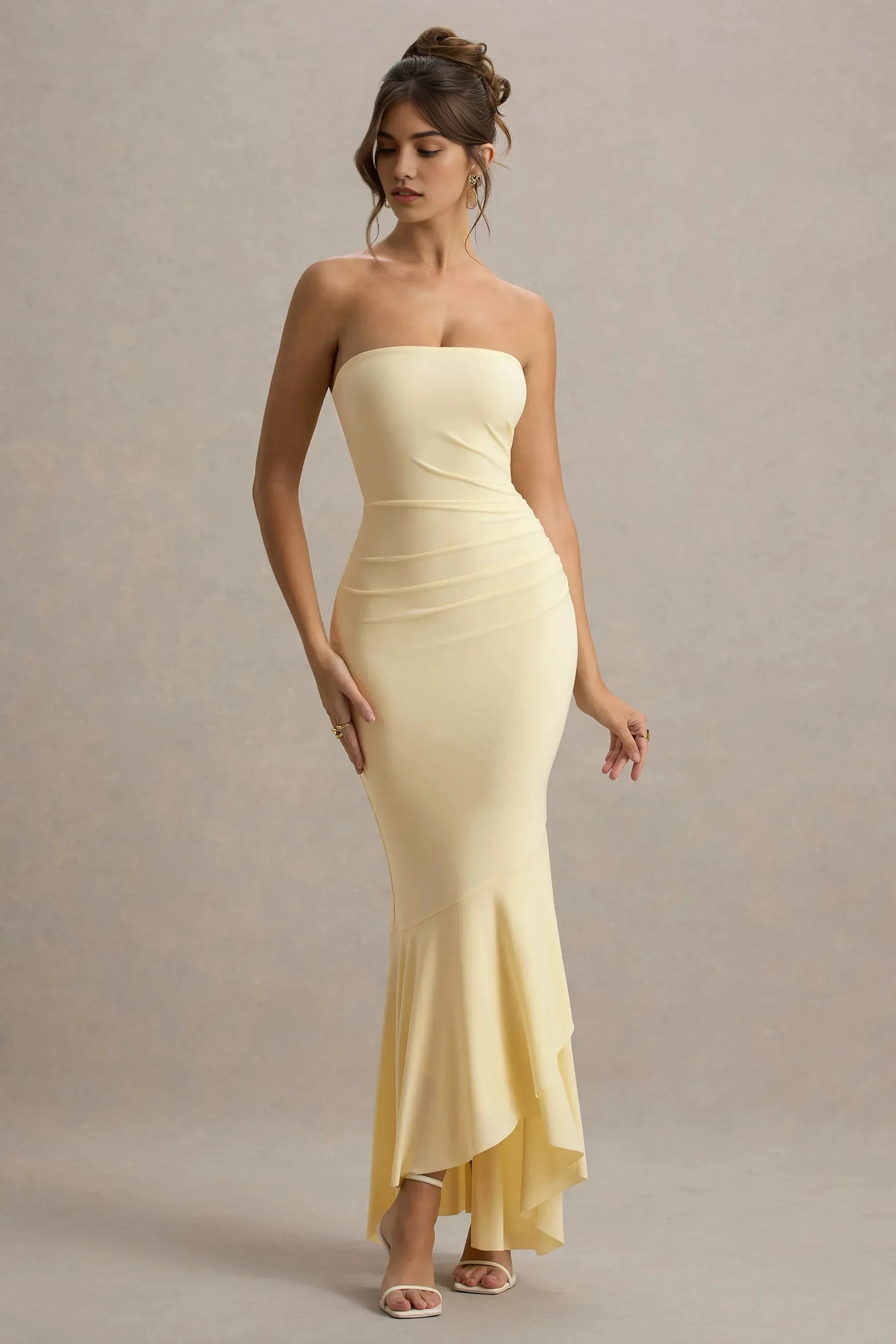Elegant Mermaid Strapless Sleeveless Ruched Asymmetrical Hem Floor Length Prom Dress by YiHuiw