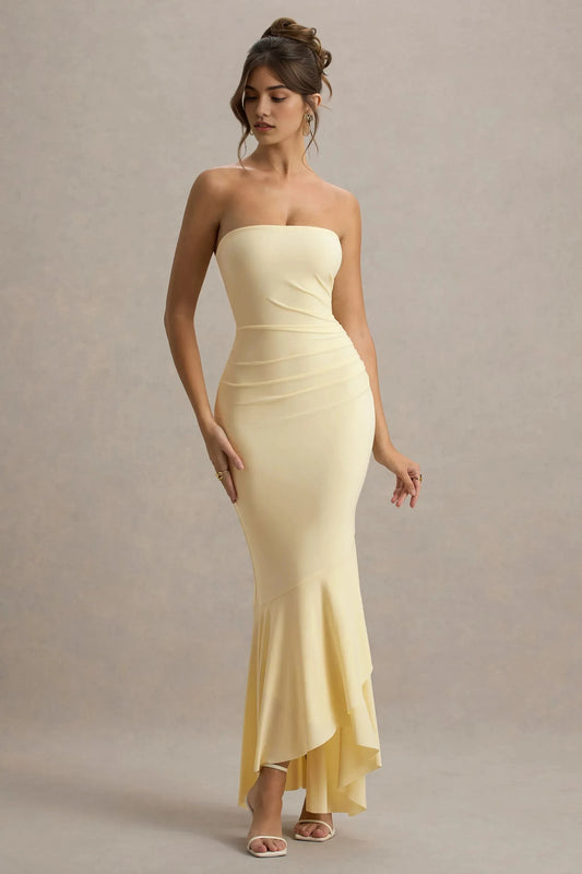 Elegant Mermaid Strapless Sleeveless Ruched Asymmetrical Hem Floor Length Prom Dress by YiHuiw