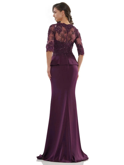 Elegant Mermaid V-Neck Three Quarter Sleeve Sheer Back Floor Length Prom Dress by YiHuiw