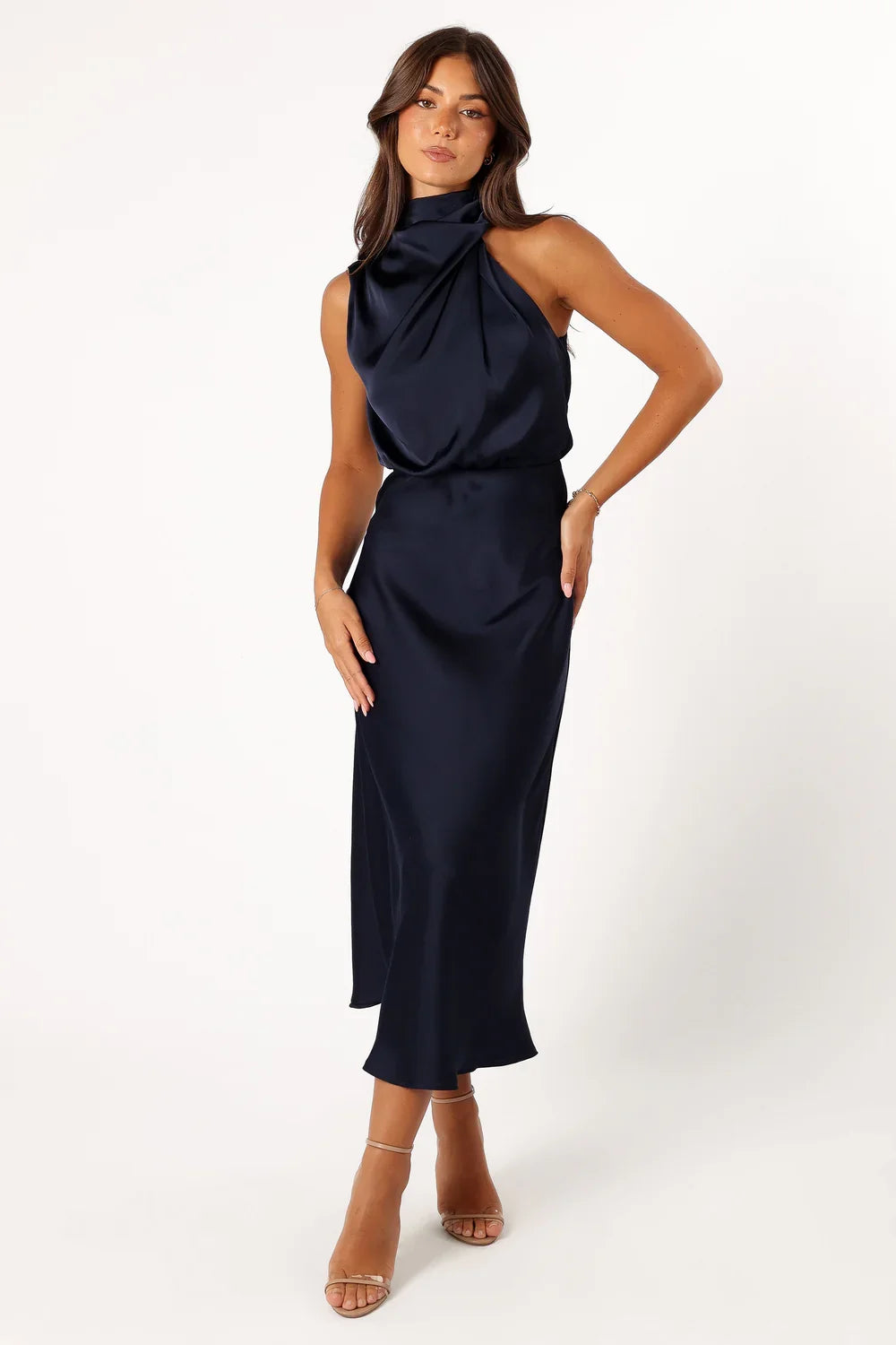 Halter Satin Asymmetric Midi Wedding Dress - Yihuiw by Yihuiw