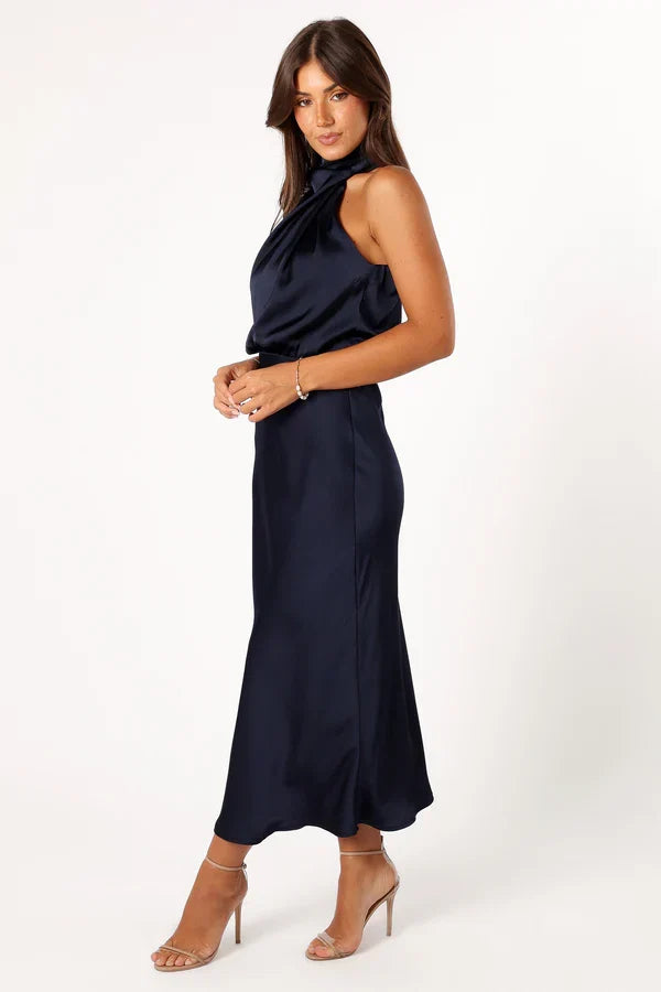 Halter Satin Asymmetric Midi Wedding Dress - Yihuiw by Yihuiw