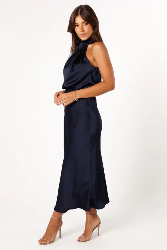 Halter Satin Asymmetric Midi Wedding Dress - Yihuiw by Yihuiw