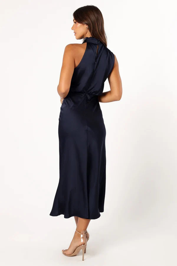 Halter Satin Asymmetric Midi Wedding Dress - Yihuiw by Yihuiw