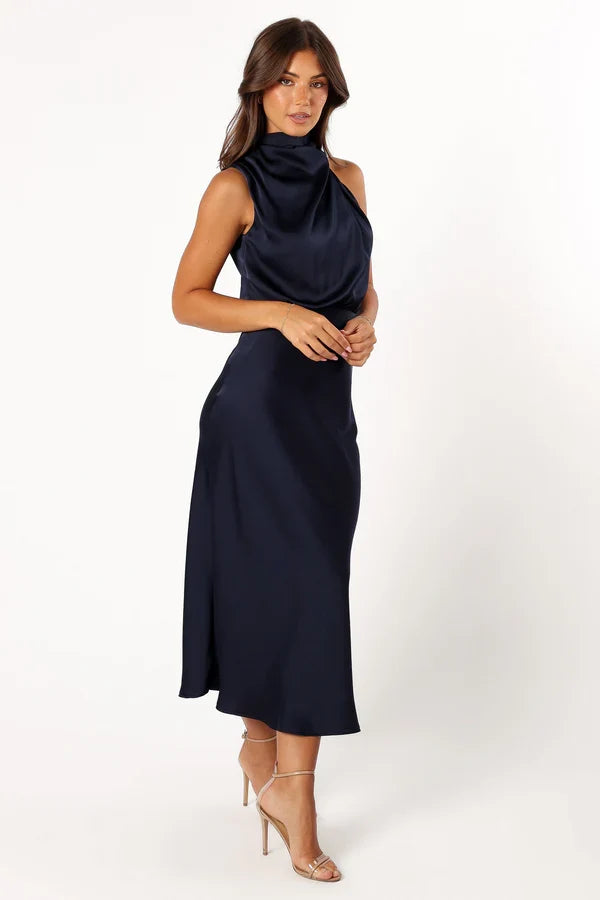 Halter Satin Asymmetric Midi Wedding Dress - Yihuiw by Yihuiw