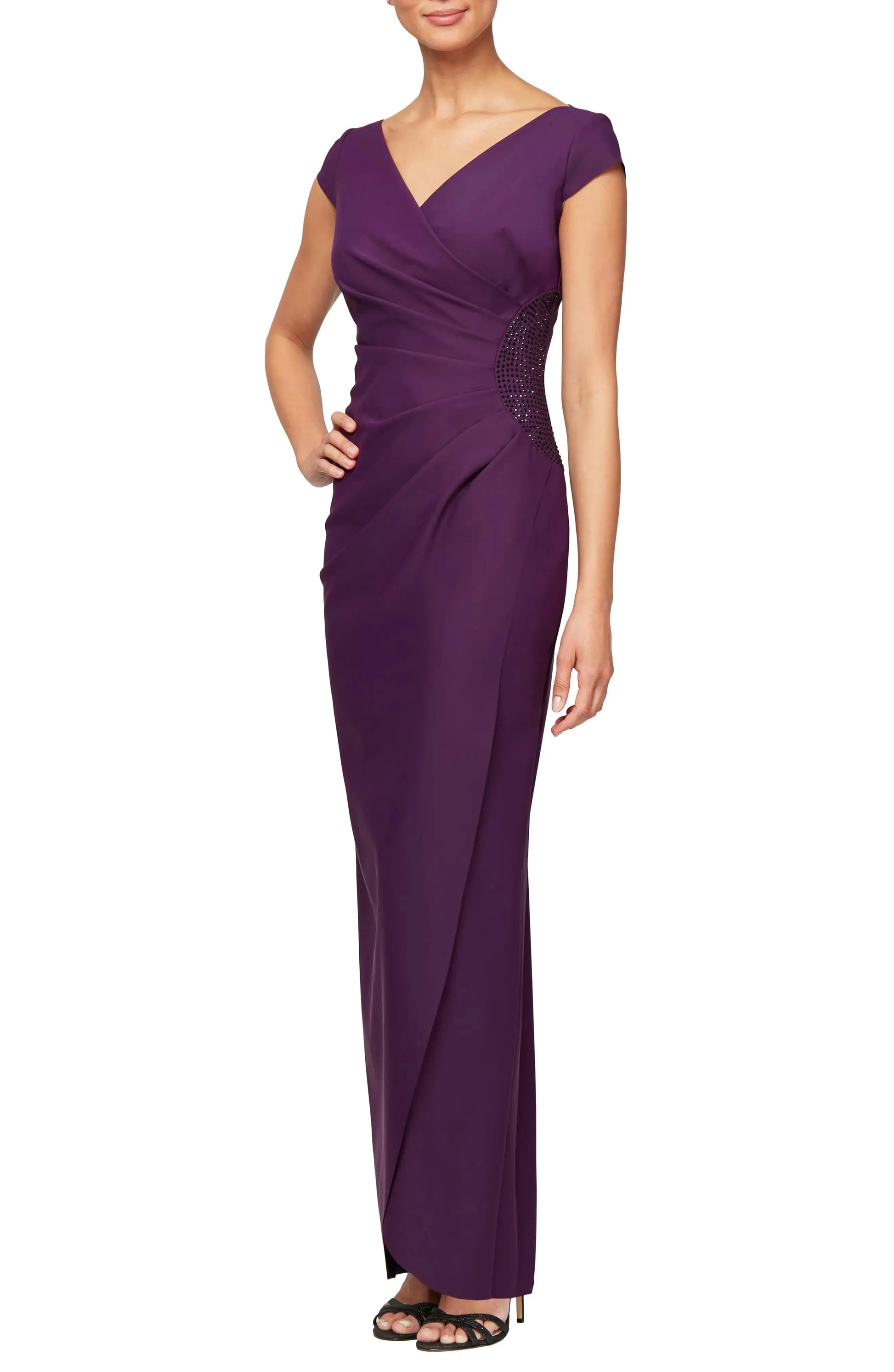 Elegant Ruched V Neck Cap Sleeve Beaded Accent Zipper Back Floor Length For Women Evening Dress by YiHuiw