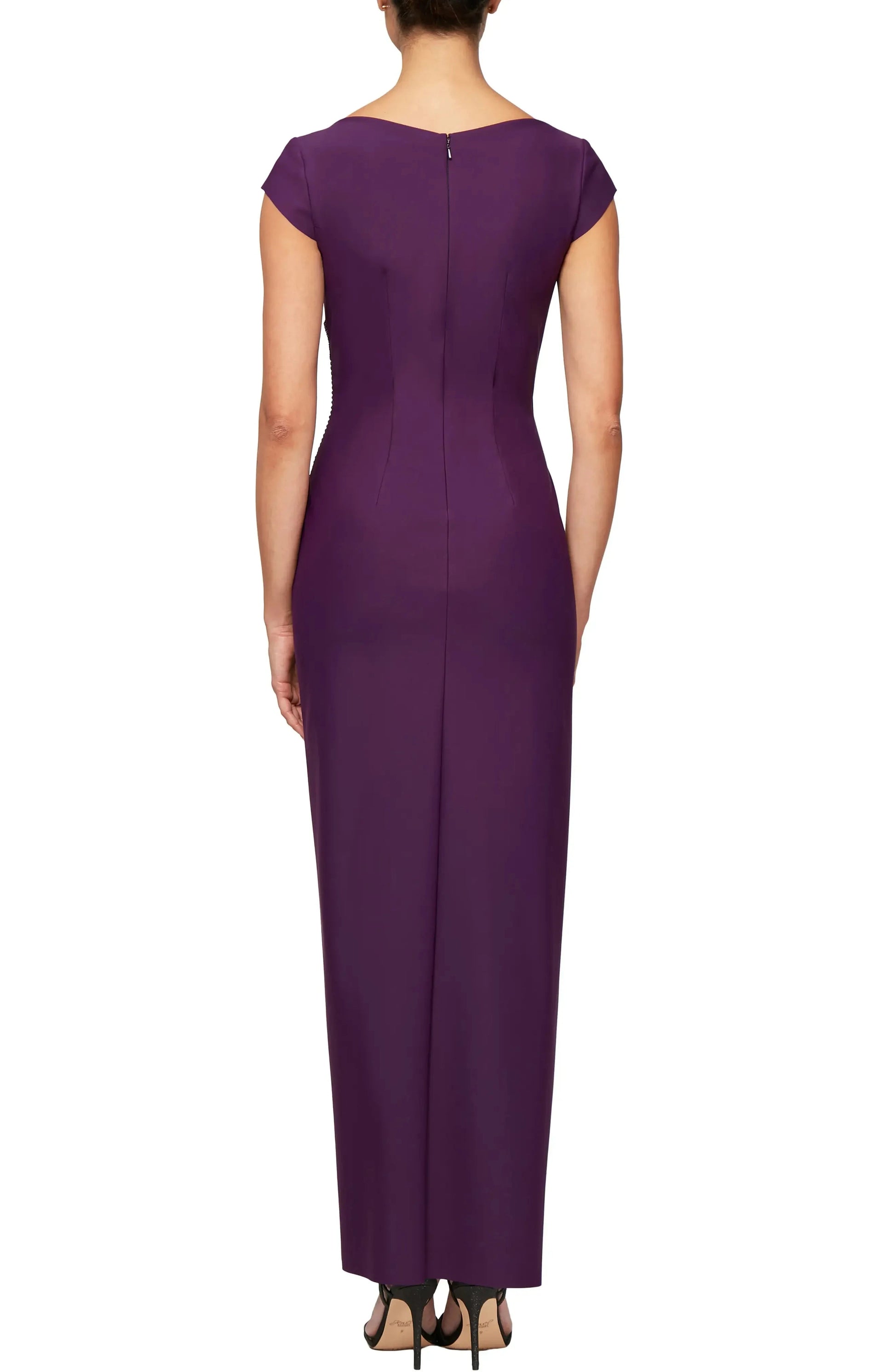 Elegant Ruched V Neck Cap Sleeve Beaded Accent Zipper Back Floor Length For Women Evening Dress by YiHuiw