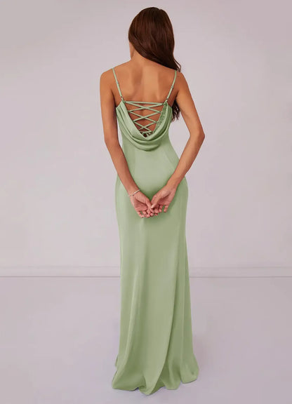 Sage Green Mermaid Spaghetti Strap Lace High Slit Floor-Length Wedding Dress - Yihuiw by Yihuiw
