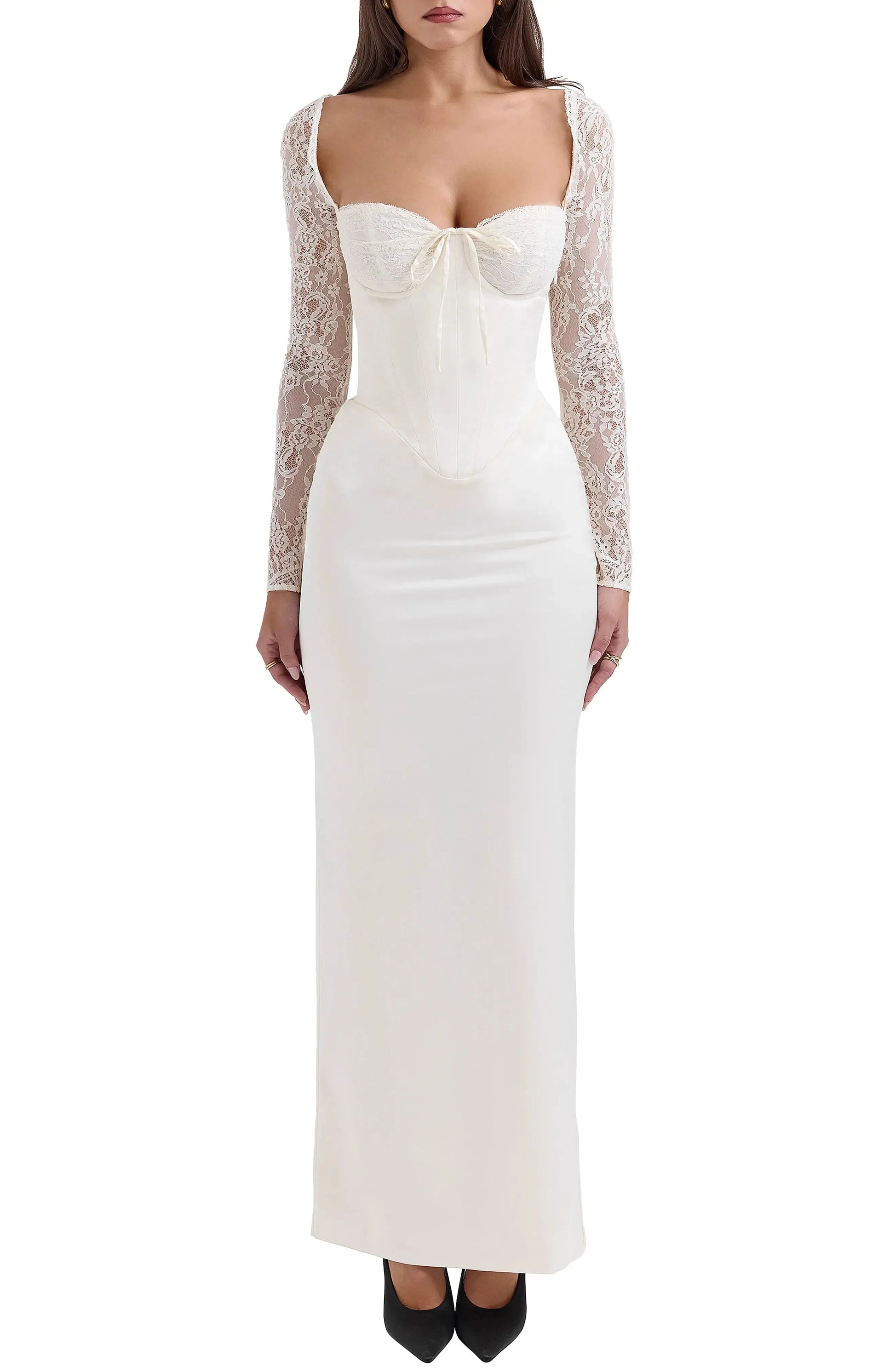 Elegant Satin Sheath Square Neck Lace Long Sleeve Lace Up Back Floor Length For Adults Prom Dress by YiHuiw